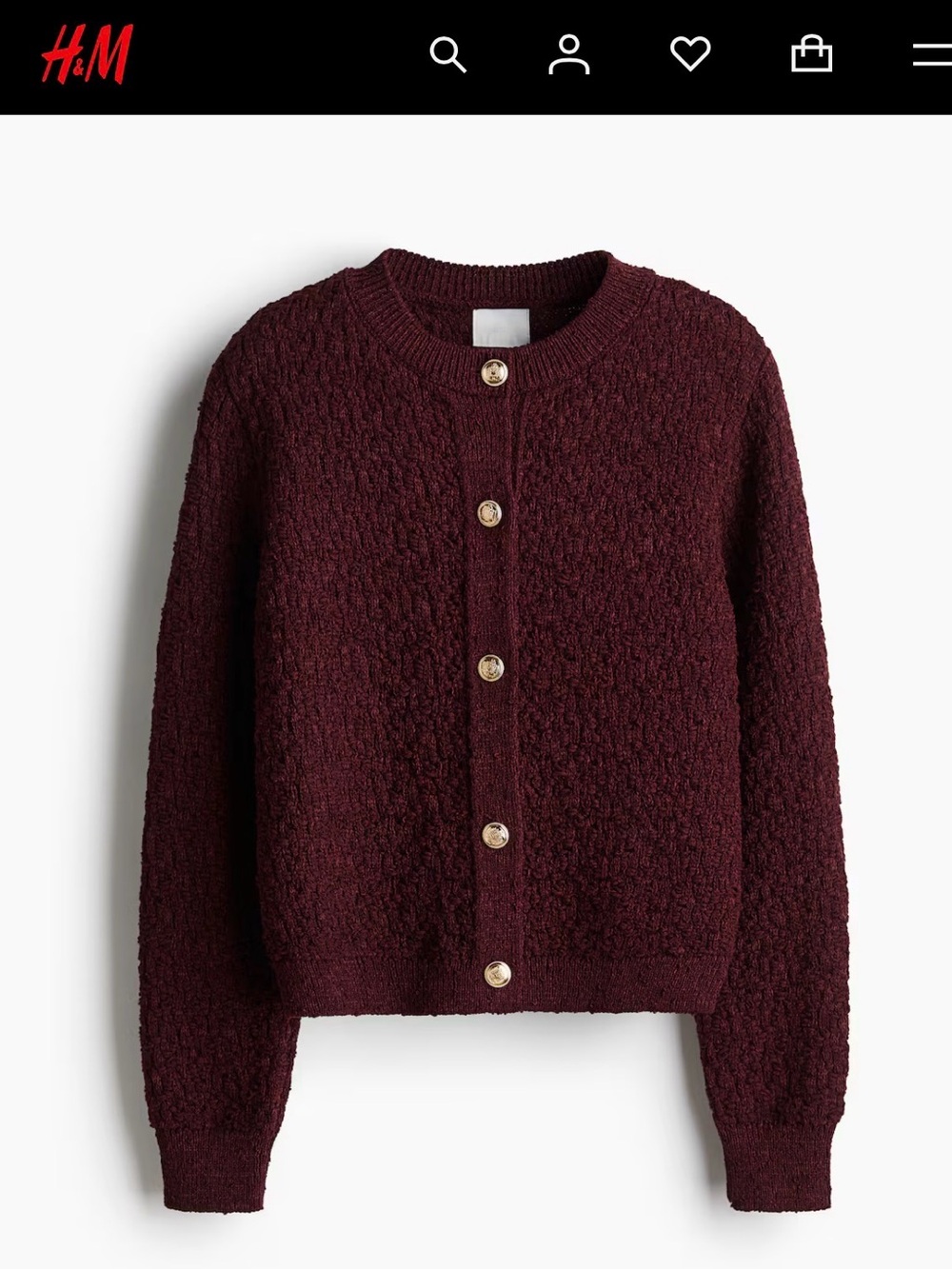 H&M Burgundy Knit Cardigan with Gold Buttons NWT